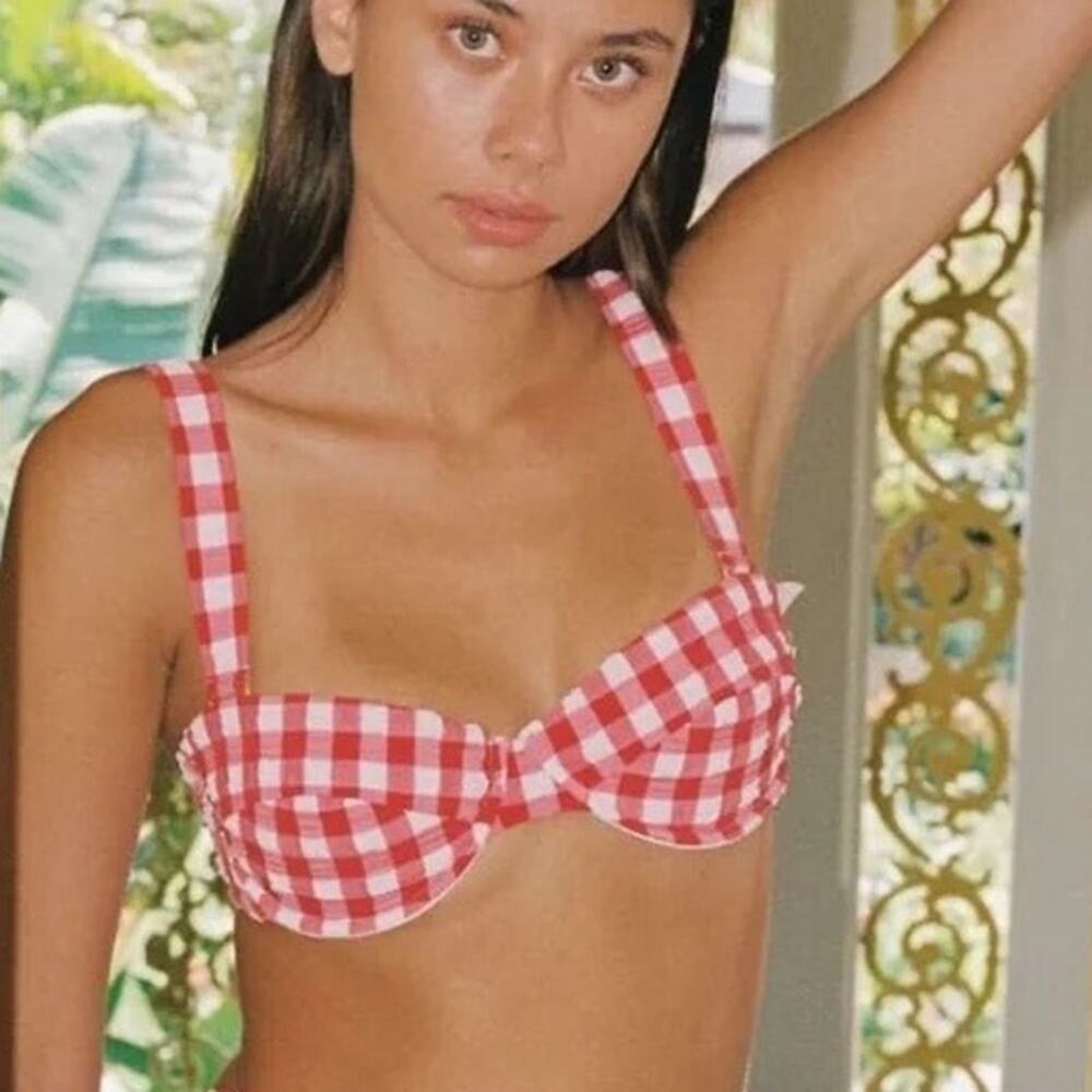 Montce Red Gingham Bustier Bikini Top Size Large NWOT $152 Pinup Retro Bra Crop